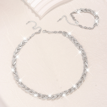 Set colier și brățară cu diamante în formă de frunză de salcie | aliaj zinc, lanț bambus, material pandant: aliaj, prelucrare cu diamante