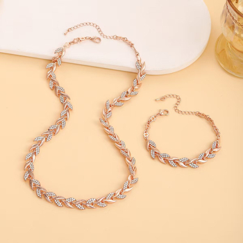 Set colier și brățară cu diamante în formă de frunză de salcie | aliaj zinc, lanț bambus, material pandant: aliaj, prelucrare cu diamante