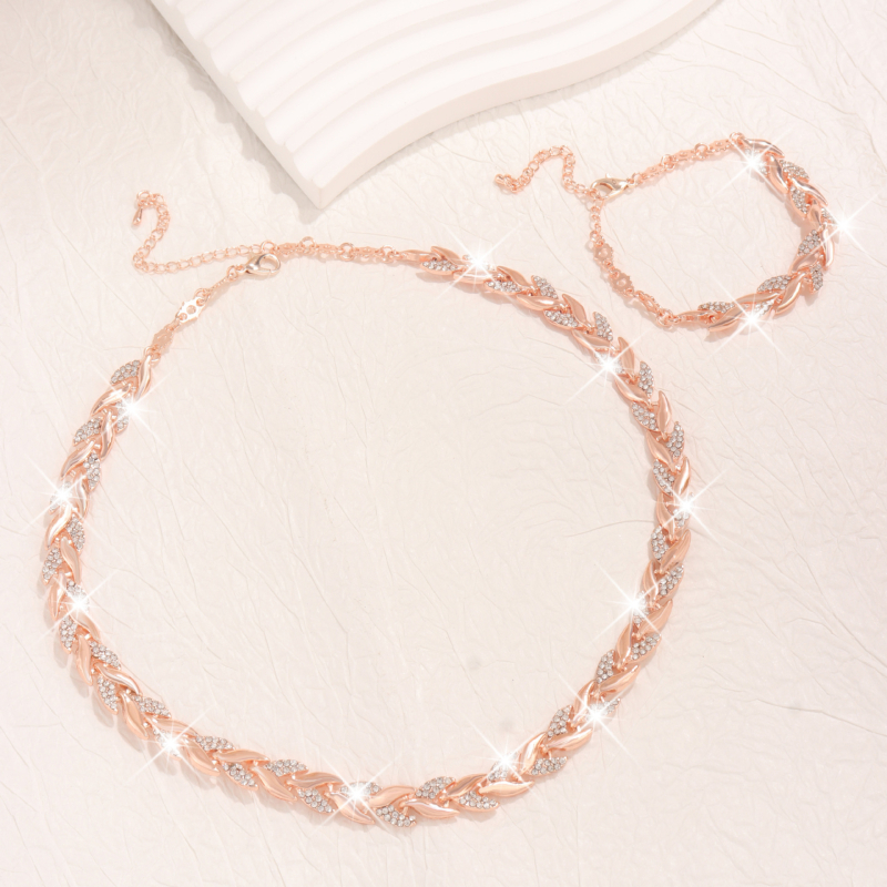 Set colier și brățară cu diamante în formă de frunză de salcie | aliaj zinc, lanț bambus, material pandant: aliaj, prelucrare cu diamante