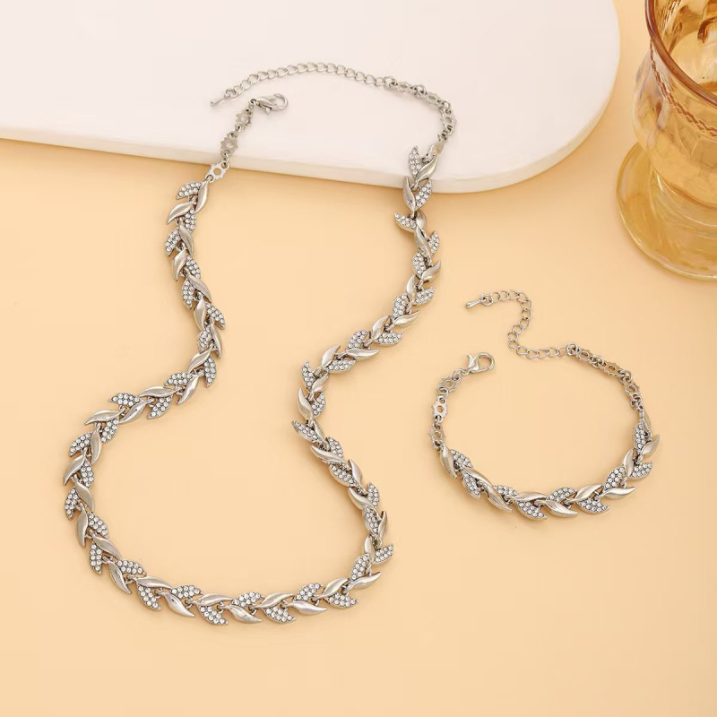 Set colier și brățară cu diamante în formă de frunză de salcie | aliaj zinc, lanț bambus, material pandant: aliaj, prelucrare cu diamante