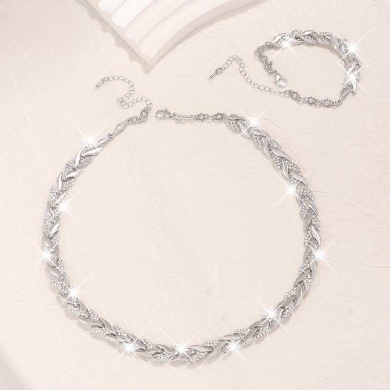 Set colier și brățară cu diamante în formă de frunză de salcie | aliaj zinc, lanț bambus, material pandant: aliaj, prelucrare cu diamante