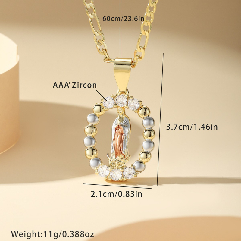 Diamantokkal díszített réz aranyozott medálos nyaklánc – Szűz Mária medállal, uniszex, 2025 ősz