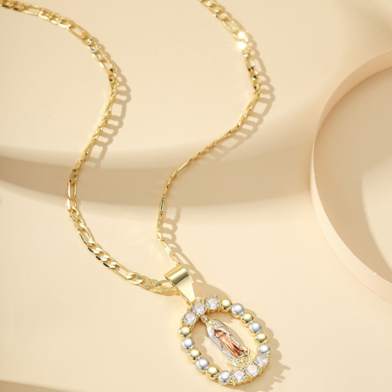 Diamantokkal díszített réz aranyozott medálos nyaklánc – Szűz Mária medállal, uniszex, 2025 ősz