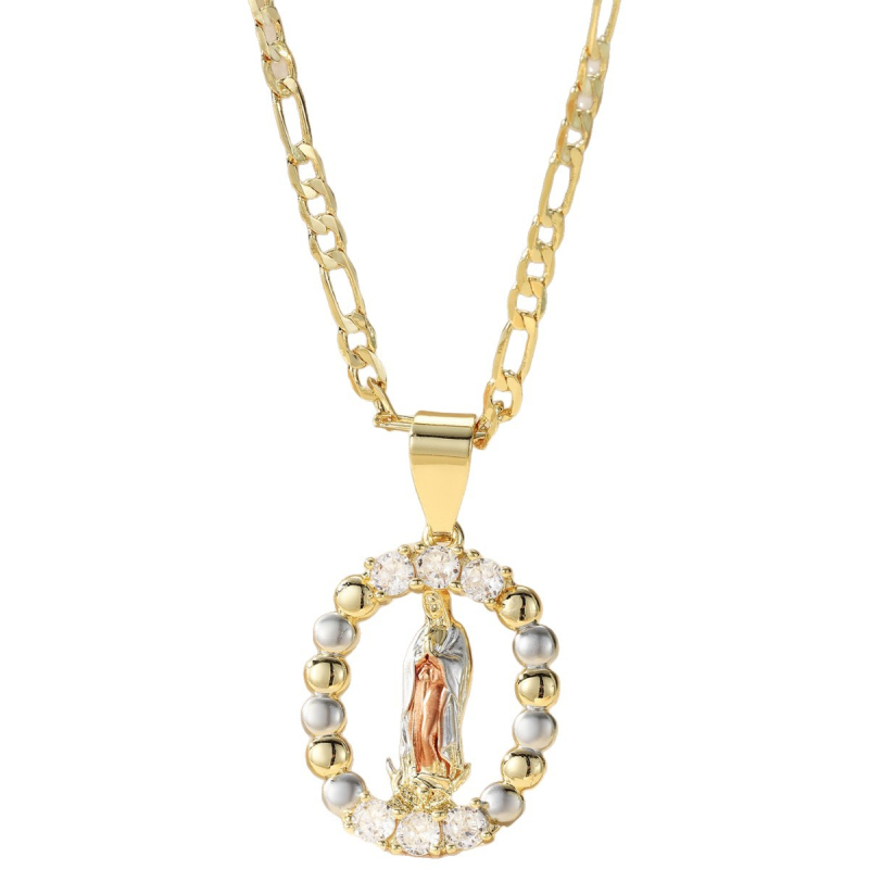 Diamantokkal díszített réz aranyozott medálos nyaklánc – Szűz Mária medállal, uniszex, 2025 ősz