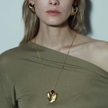 Ogrlica sa srcem od mesinga, premaz 18k zlatom i tigrovim okom, običan lanac, vintage stil