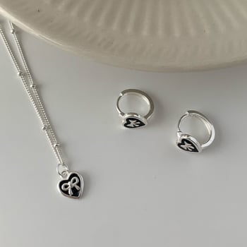 Set colier și cercei din argint S925, pandant inimă și nod bow, placare electroplată, lungime lanț 41–50 cm, greutate 2,3 g