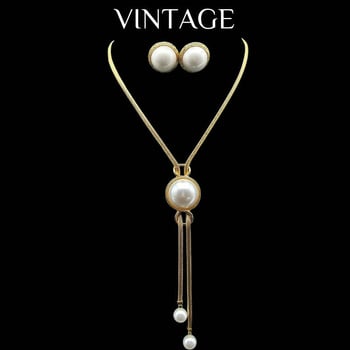 Komplet nakita: Vintage francuski stil, retro visoke kvalitete; duga prilagodljiva ogrlica s perlom za pulover i naušnice; Materijal: zlitina; Lanac: zmijski lanac; Privjesak: geometrijski; Izlaz: Jesen 2024
