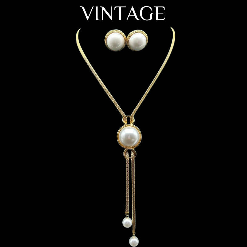 Komplet nakita: Vintage francuski stil, retro visoke kvalitete; duga prilagodljiva ogrlica s perlom za pulover i naušnice; Materijal: zlitina; Lanac: zmijski lanac; Privjesak: geometrijski; Izlaz: Jesen 2024