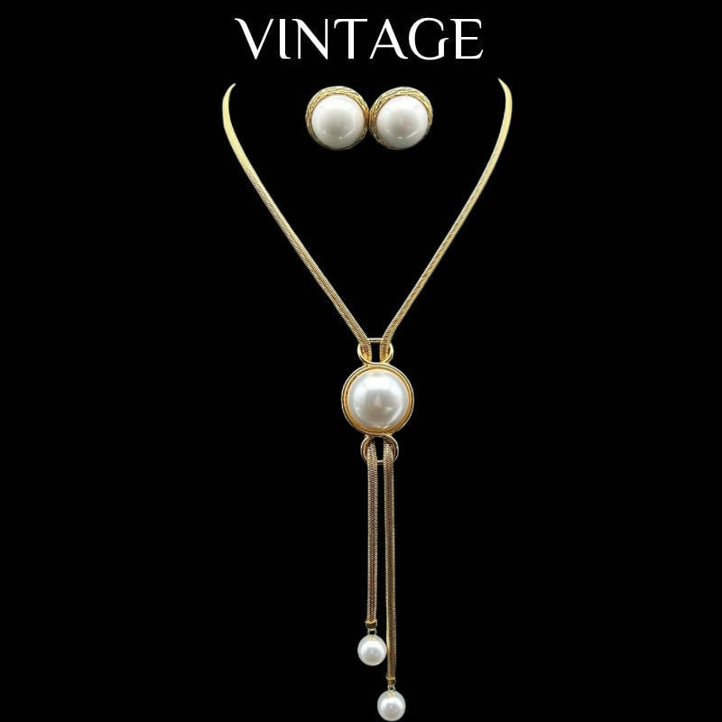 Komplet nakita: Vintage francuski stil, retro visoke kvalitete; duga prilagodljiva ogrlica s perlom za pulover i naušnice; Materijal: zlitina; Lanac: zmijski lanac; Privjesak: geometrijski; Izlaz: Jesen 2024