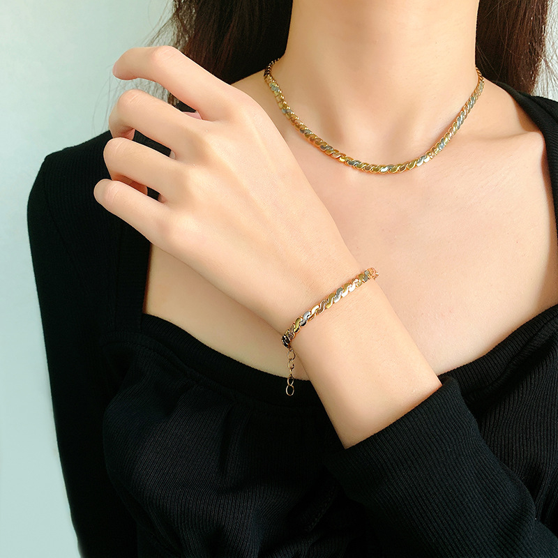 Set colier și brățară cu lanț încrucișat, cupru placat cu aur, acoperire cu diamant, stil vintage Instagram