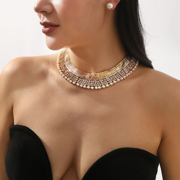 Σετ κοσμημάτων (σκουλαρίκια και κολιέ) από σίδηρο με στρας και τεχνητές πέρλες, διαμαντενια επεξεργασία, αλυσίδα κολάρου, ελαφρύ στυλ πολυτέλειας