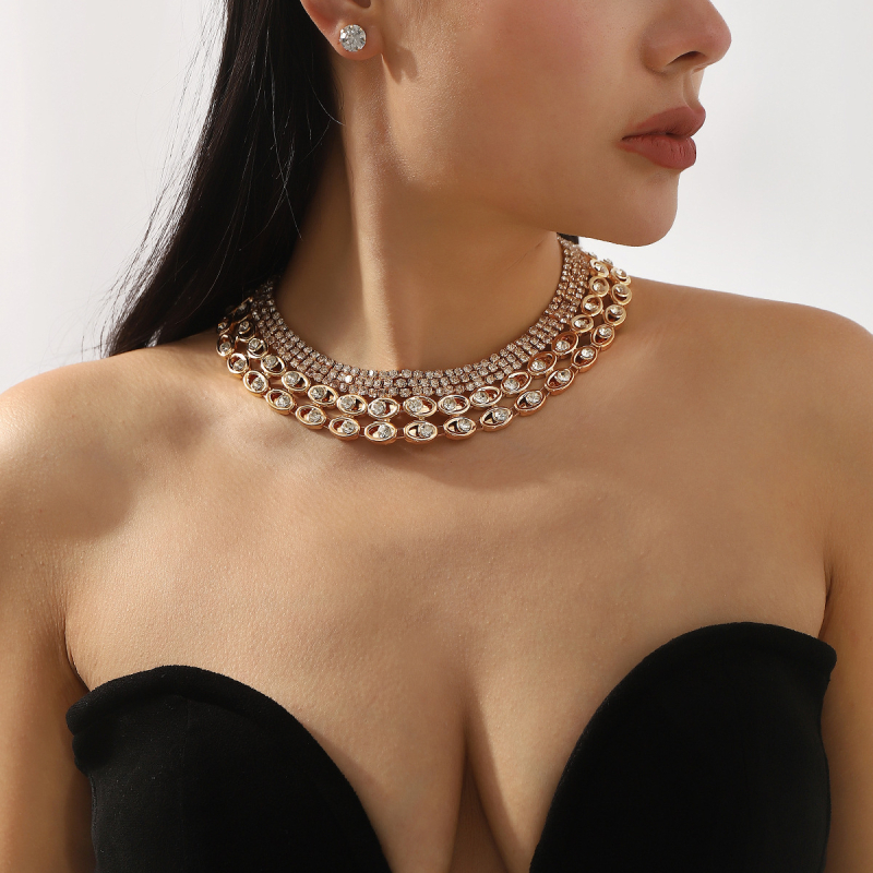 Σετ κοσμημάτων (σκουλαρίκια και κολιέ) από σίδηρο με στρας και τεχνητές πέρλες, διαμαντενια επεξεργασία, αλυσίδα κολάρου, ελαφρύ στυλ πολυτέλειας