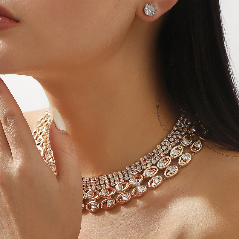 Σετ κοσμημάτων (σκουλαρίκια και κολιέ) από σίδηρο με στρας και τεχνητές πέρλες, διαμαντενια επεξεργασία, αλυσίδα κολάρου, ελαφρύ στυλ πολυτέλειας