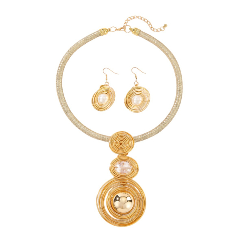 Set colier și cercei din perle artificiale, țesute manual, design geometric, stil lux discret, pentru femei