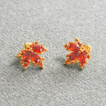 Set colier cu pandantiv zircon în formă de frunză de arțar și cercei cu știft din argint 925, lanț regulat, bază din cupru placat cu alamă