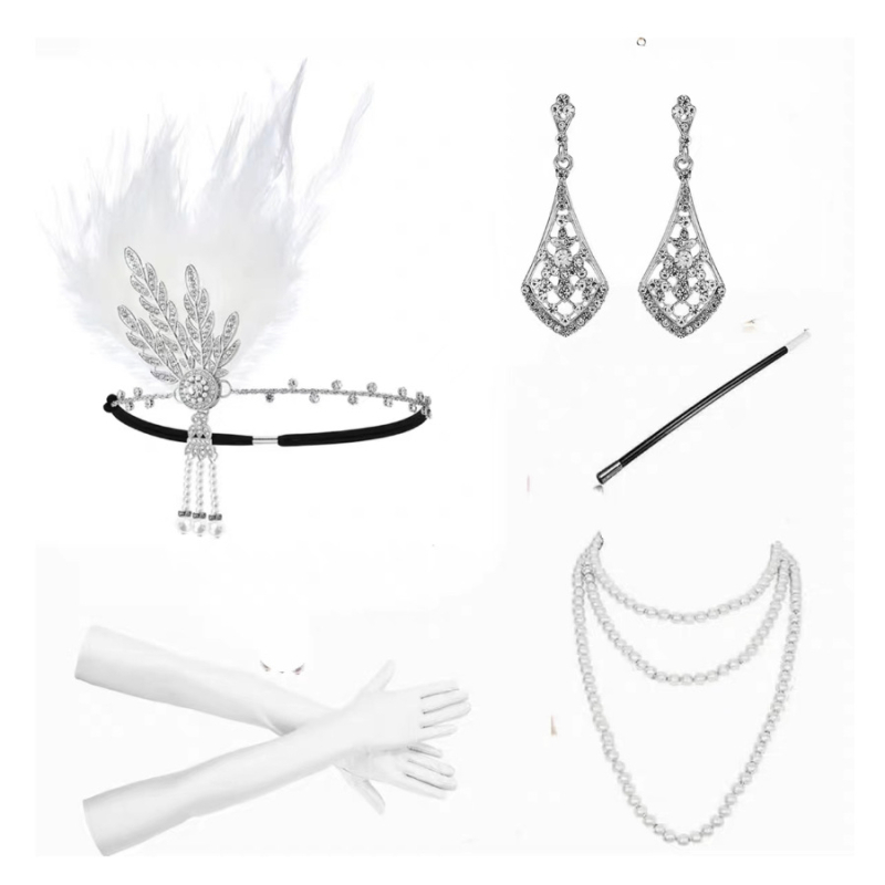 Set pentru păr cu pene în stil Gatsby 1920, din aliaj, finisare cu tăiere diamantată, model plante și flori, lanț obișnuit