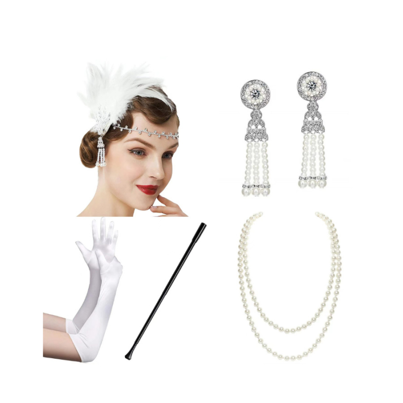 Set pentru păr cu pene în stil Gatsby 1920, din aliaj, finisare cu tăiere diamantată, model plante și flori, lanț obișnuit