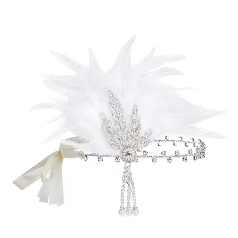 Set pentru păr cu pene în stil Gatsby 1920, din aliaj, finisare cu tăiere diamantată, model plante și flori, lanț obișnuit