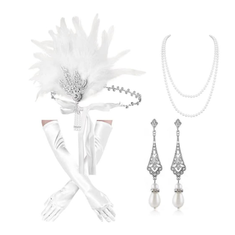 Set pentru păr cu pene în stil Gatsby 1920, din aliaj, finisare cu tăiere diamantată, model plante și flori, lanț obișnuit