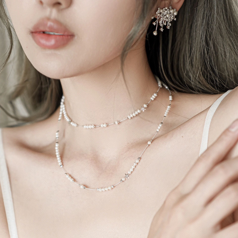 Set colier din argint 925, cu perle încrustate, multistrat, lanț O, motiv constelație, pentru femei