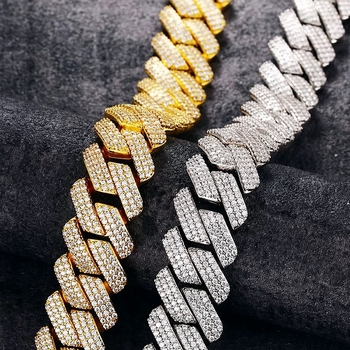 Kubanska lančana ogrlica s 20 mm romboidnim dizajnom, gusto postavljeni cirkoni, 3 reda, hip-hop stil, unisex