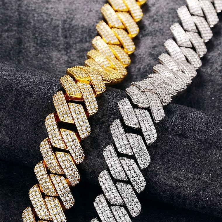 Kubanska lančana ogrlica s 20 mm romboidnim dizajnom, gusto postavljeni cirkoni, 3 reda, hip-hop stil, unisex