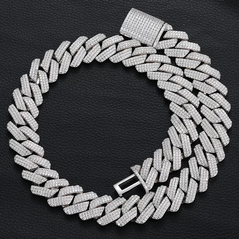 Kubanska lančana ogrlica s 20 mm romboidnim dizajnom, gusto postavljeni cirkoni, 3 reda, hip-hop stil, unisex