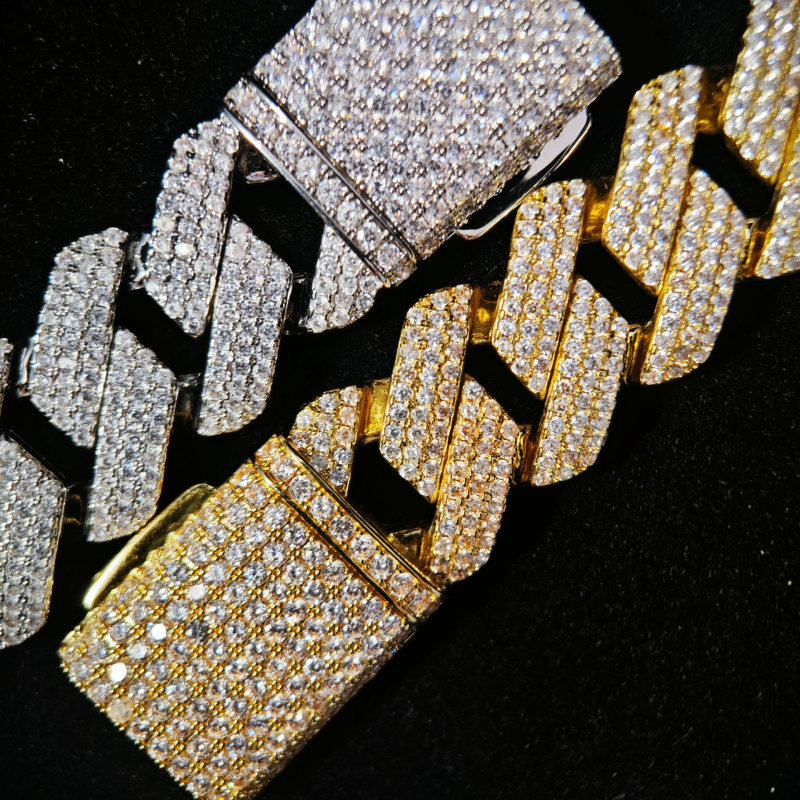 Kubanska lančana ogrlica s 20 mm romboidnim dizajnom, gusto postavljeni cirkoni, 3 reda, hip-hop stil, unisex