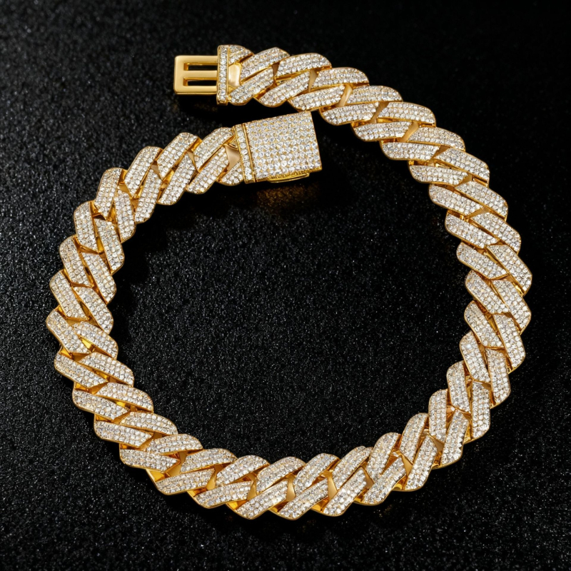 Kubanska lančana ogrlica s 20 mm romboidnim dizajnom, gusto postavljeni cirkoni, 3 reda, hip-hop stil, unisex