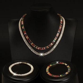 Colier tenis din cupru cu pandantiv din cristal artificial, placare electrolitică, model liniar, set colier-brățară