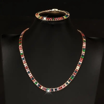 Colier tenis din cupru cu pandantiv din cristal artificial, placare electrolitică, model liniar, set colier-brățară