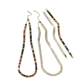 Colier tenis din cupru cu pandantiv din cristal artificial, placare electrolitică, model liniar, set colier-brățară