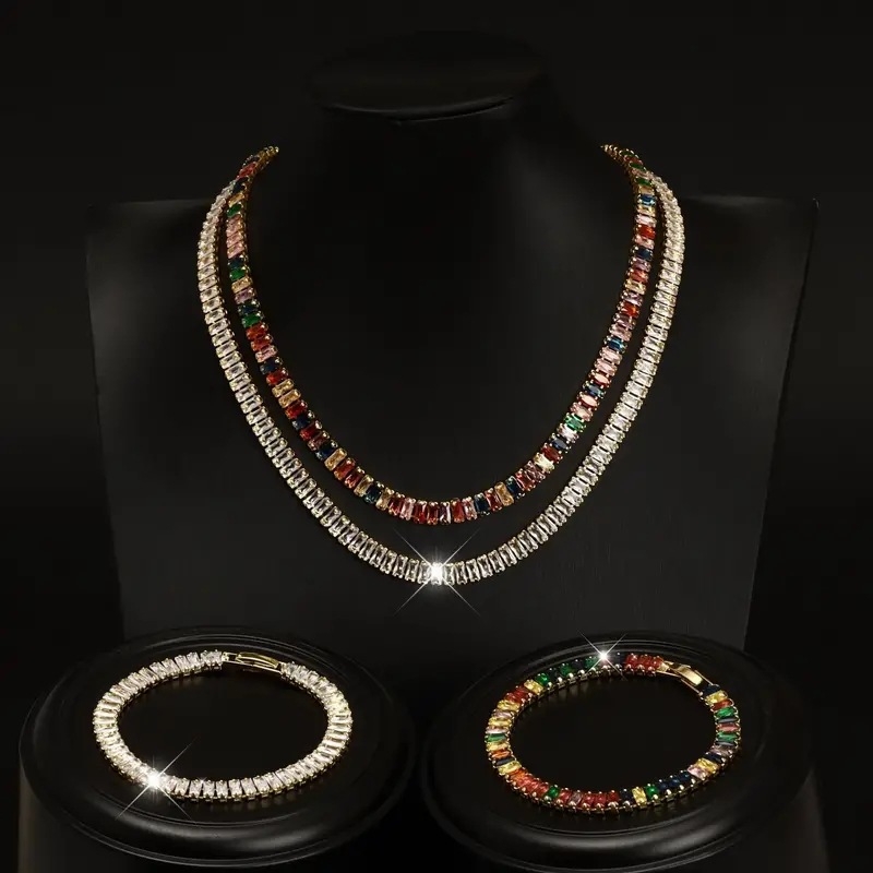 Colier tenis din cupru cu pandantiv din cristal artificial, placare electrolitică, model liniar, set colier-brățară