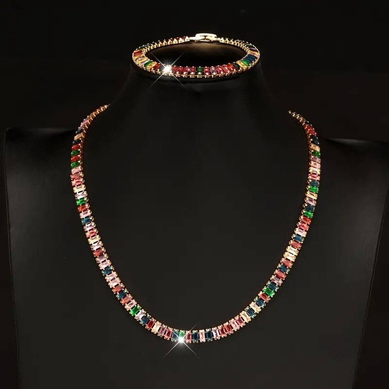 Colier tenis din cupru cu pandantiv din cristal artificial, placare electrolitică, model liniar, set colier-brățară