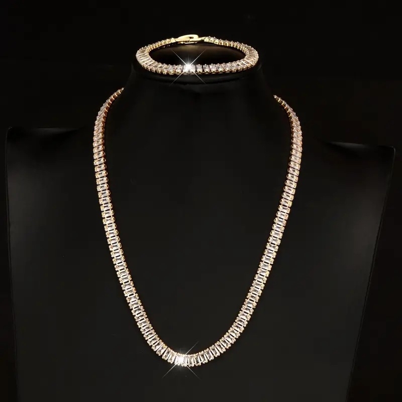 Colier tenis din cupru cu pandantiv din cristal artificial, placare electrolitică, model liniar, set colier-brățară