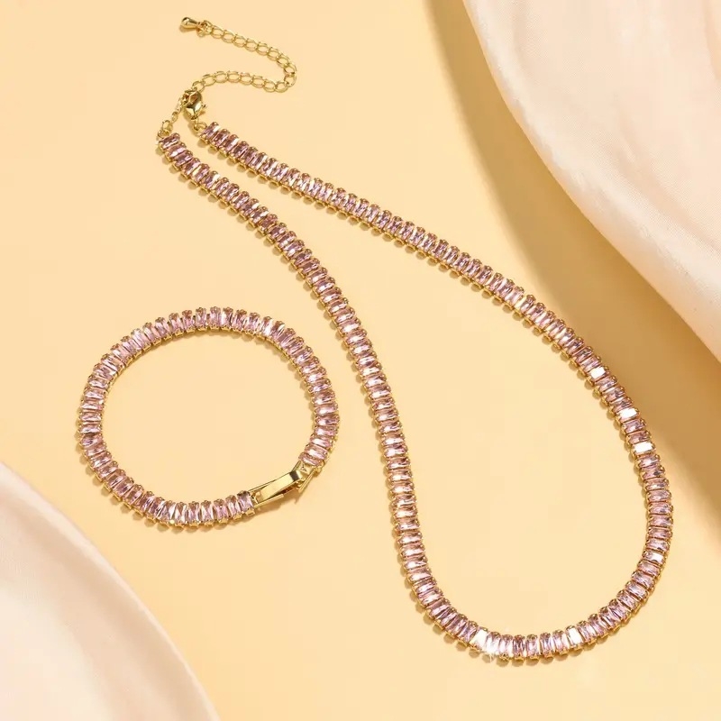 Colier tenis din cupru cu pandantiv din cristal artificial, placare electrolitică, model liniar, set colier-brățară