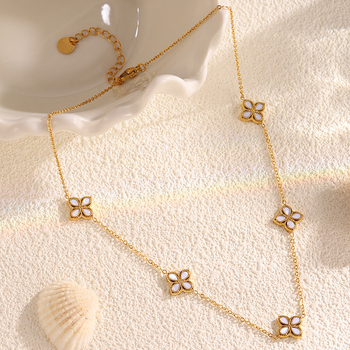 Set colier cu pandantiv cu patru foi de trifoi și flori, din oțel inoxidabil 304, placare cu aur real, lanț Flash, lungime 41–50 cm