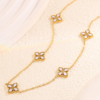 Set colier cu pandantiv cu patru foi de trifoi și flori, din oțel inoxidabil 304, placare cu aur real, lanț Flash, lungime 41–50 cm