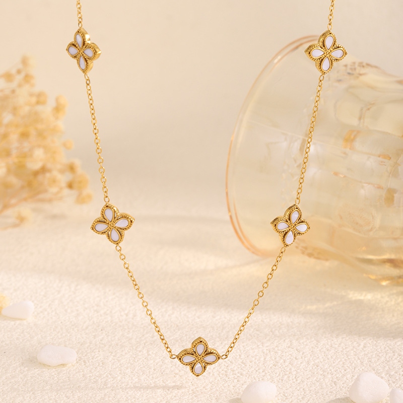 Set colier cu pandantiv cu patru foi de trifoi și flori, din oțel inoxidabil 304, placare cu aur real, lanț Flash, lungime 41–50 cm