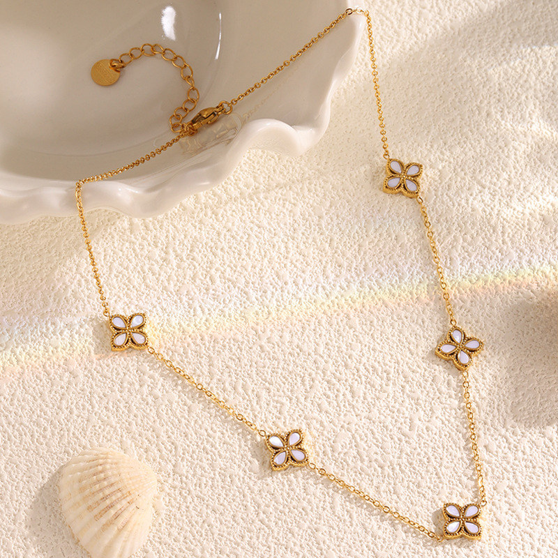 Set colier cu pandantiv cu patru foi de trifoi și flori, din oțel inoxidabil 304, placare cu aur real, lanț Flash, lungime 41–50 cm