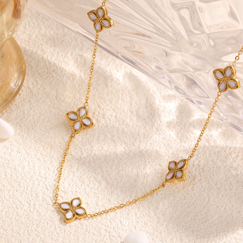 Set colier cu pandantiv cu patru foi de trifoi și flori, din oțel inoxidabil 304, placare cu aur real, lanț Flash, lungime 41–50 cm