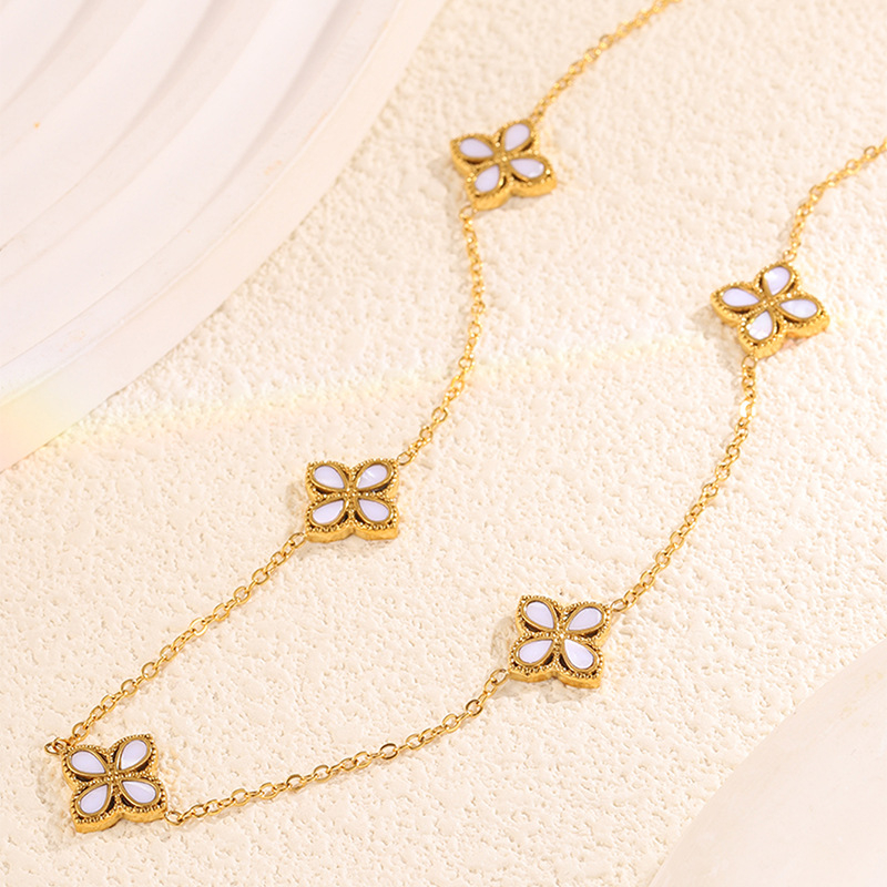 Set colier cu pandantiv cu patru foi de trifoi și flori, din oțel inoxidabil 304, placare cu aur real, lanț Flash, lungime 41–50 cm