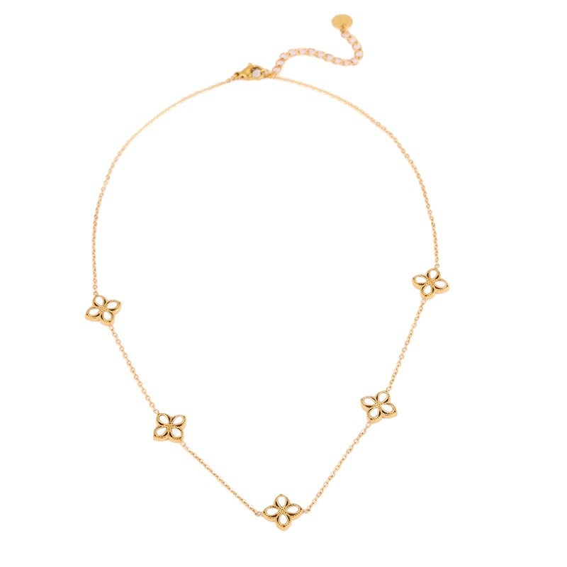 Set colier cu pandantiv cu patru foi de trifoi și flori, din oțel inoxidabil 304, placare cu aur real, lanț Flash, lungime 41–50 cm
