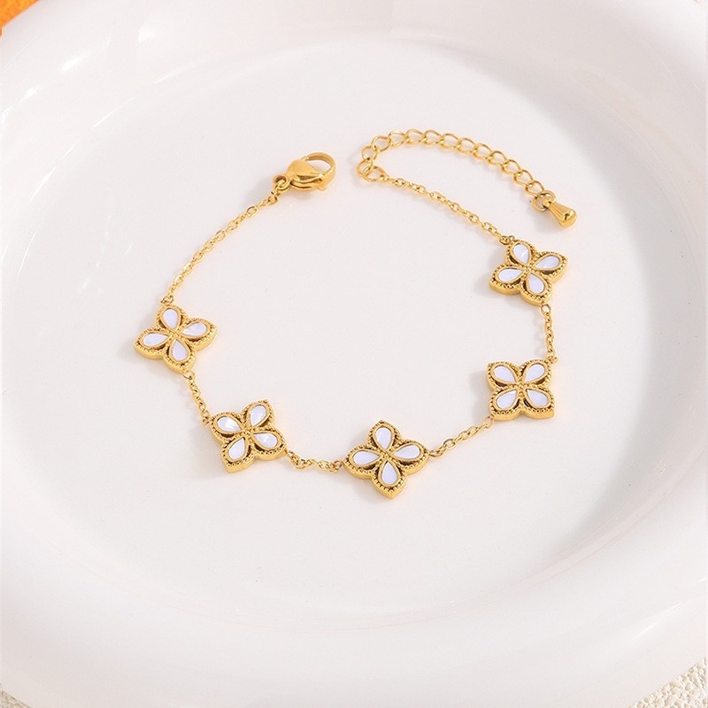 Set colier cu pandantiv cu patru foi de trifoi și flori, din oțel inoxidabil 304, placare cu aur real, lanț Flash, lungime 41–50 cm