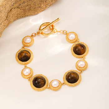 Set colier și cercei Nasha cu perlă de apă dulce și piatră tigroasă ochi, lanț răsucit, placare electrolitică