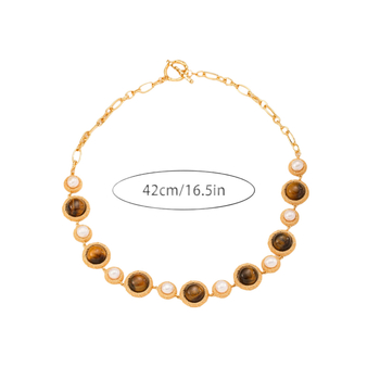 Set colier și cercei Nasha cu perlă de apă dulce și piatră tigroasă ochi, lanț răsucit, placare electrolitică