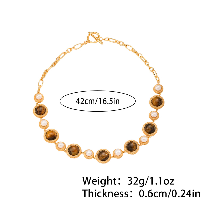 Set colier și cercei Nasha cu perlă de apă dulce și piatră tigroasă ochi, lanț răsucit, placare electrolitică