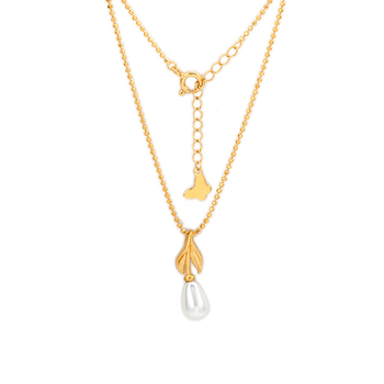 Set colier și cercei din argint 925, cu perle inserate, forme frunză și picătură, lanț cu mărgele, brand Oini, stil Ins