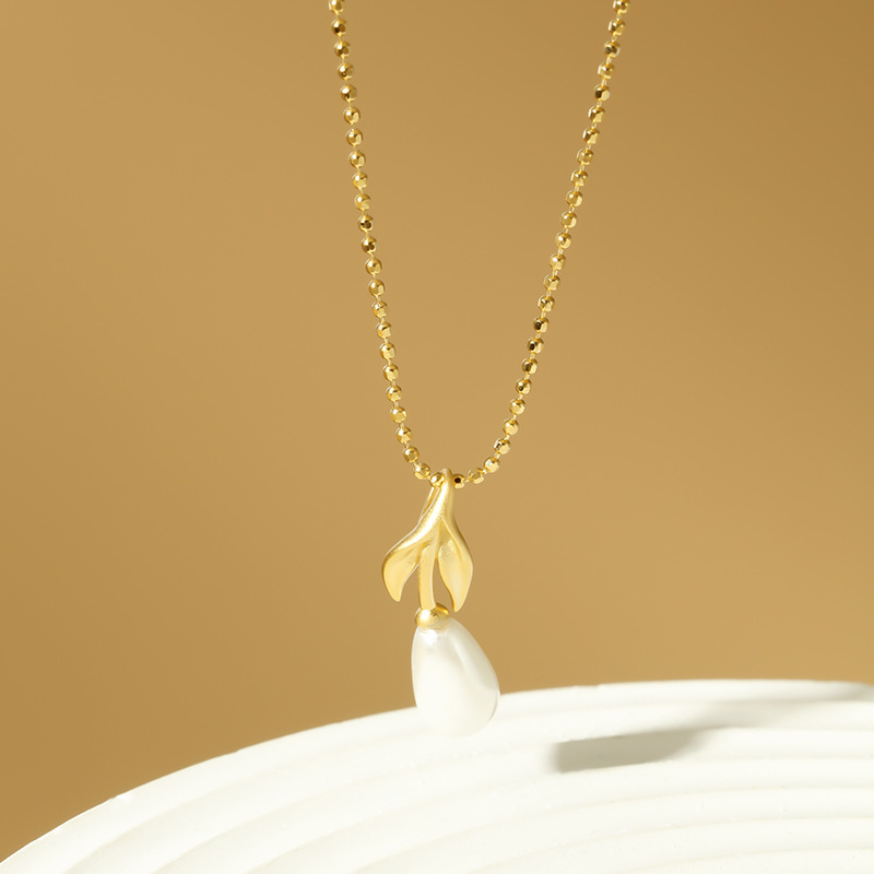 Set colier și cercei din argint 925, cu perle inserate, forme frunză și picătură, lanț cu mărgele, brand Oini, stil Ins