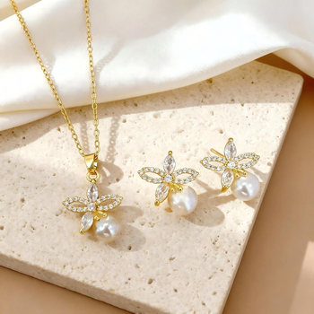 Set de bijuterii: cercei și colier | cupru, placare electroplată, lanț O, pandantiv din cupru, motiv floral, stil lux lejer